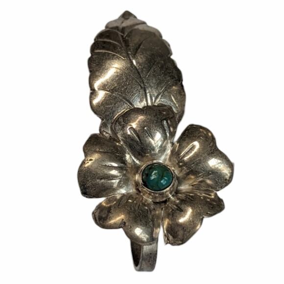 Silver and turquoise screw back flower earrings VINTAGE - Picture 2 of 8